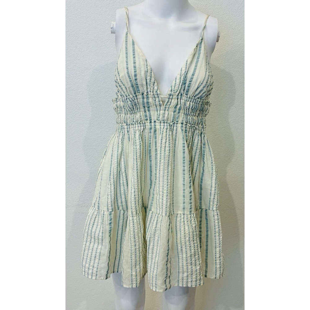 Urban Outfitters Mini Babydoll Dress Size M White Blue Stripe Beach Coastal Chic
